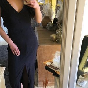 Semi-formal navy blue maxi dress with open back